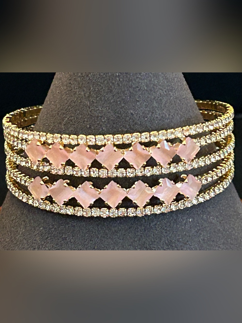 Gold-Plated Pink & Clear Crystal Multi-Row Adjustable Cuff Bracelet New